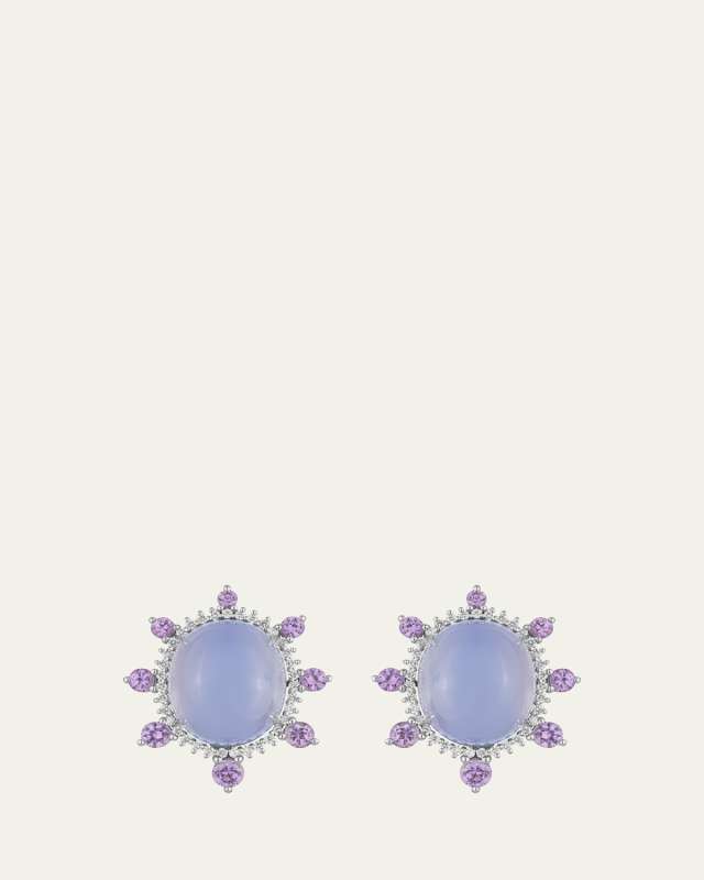 18K White Gold Chalcedony Earrings with Diamonds and Purple Sapphires